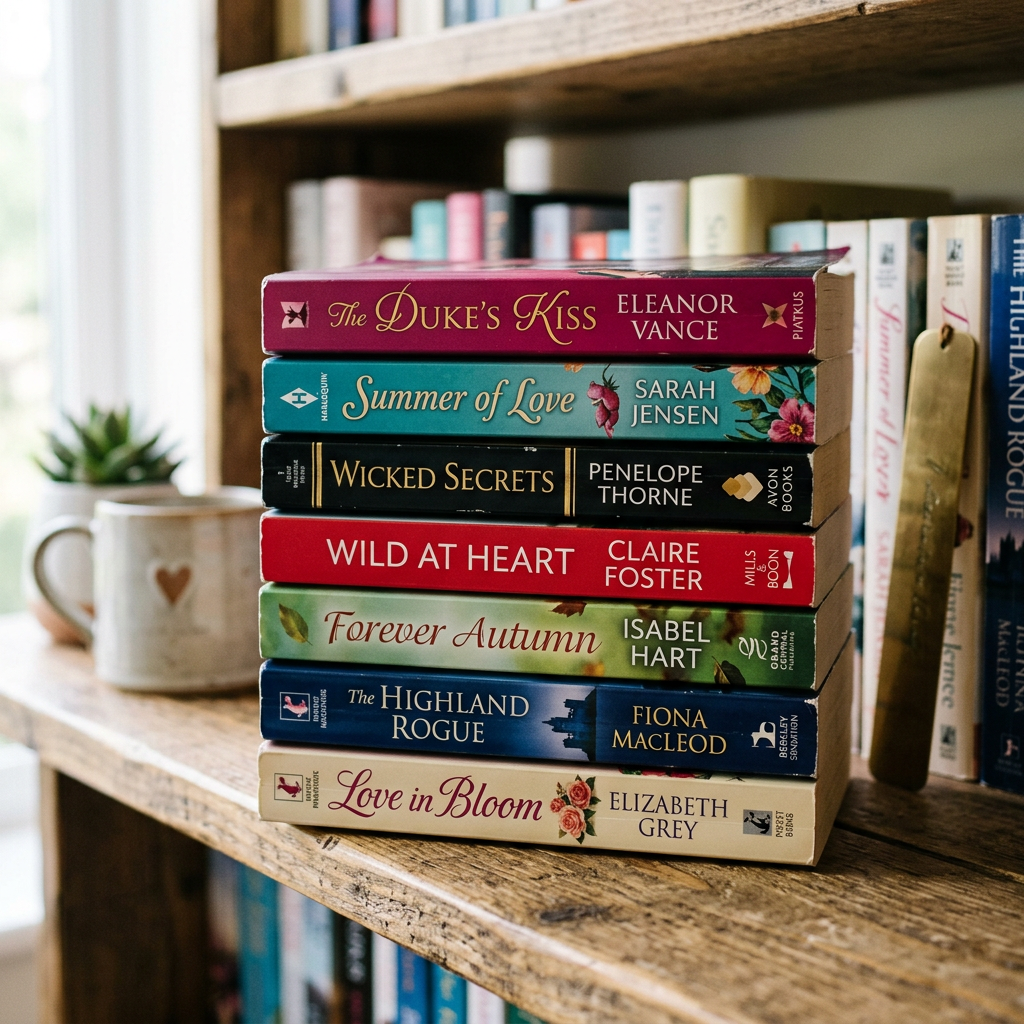 Stack of seven romance novels with titles and authors visible on a wooden shelf